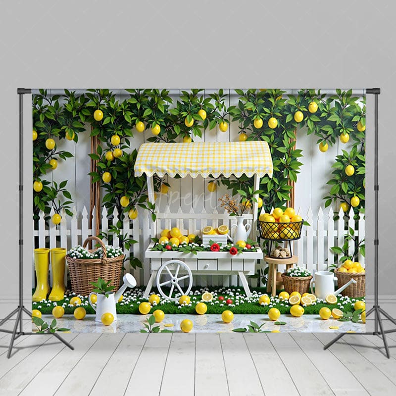 Aperturee - Aperturee Lemon Fruit Cart Fence White Photography Backdrop