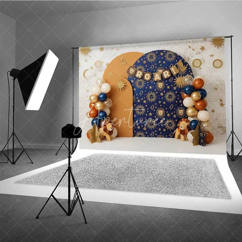 Aperturee - Aperturee Leo Zodiac Cake Smash Backdrop Navy and Orange Lion Party Background for Roar Birthday