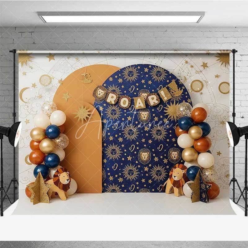 Aperturee - Aperturee Leo Zodiac Cake Smash Backdrop Navy and Orange Lion Party Background for Roar Birthday