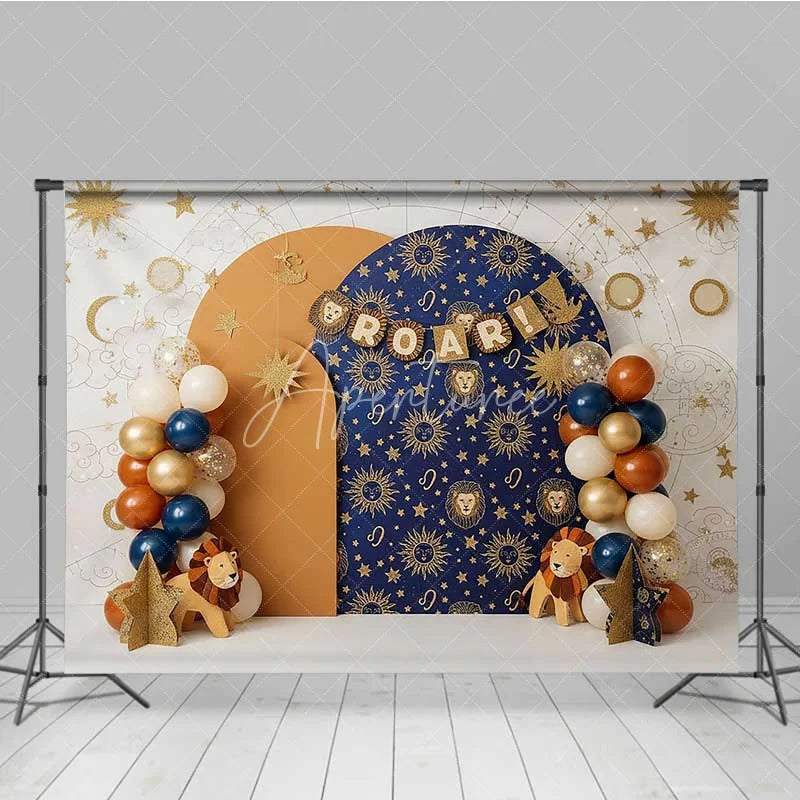 Aperturee - Aperturee Leo Zodiac Cake Smash Backdrop Navy and Orange Lion Party Background for Roar Birthday