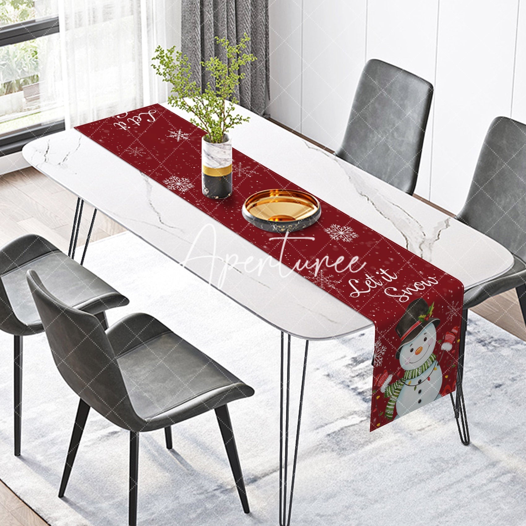 Aperturee - Aperturee Let It Snow Snowman Red Merry Christmas Table Runner