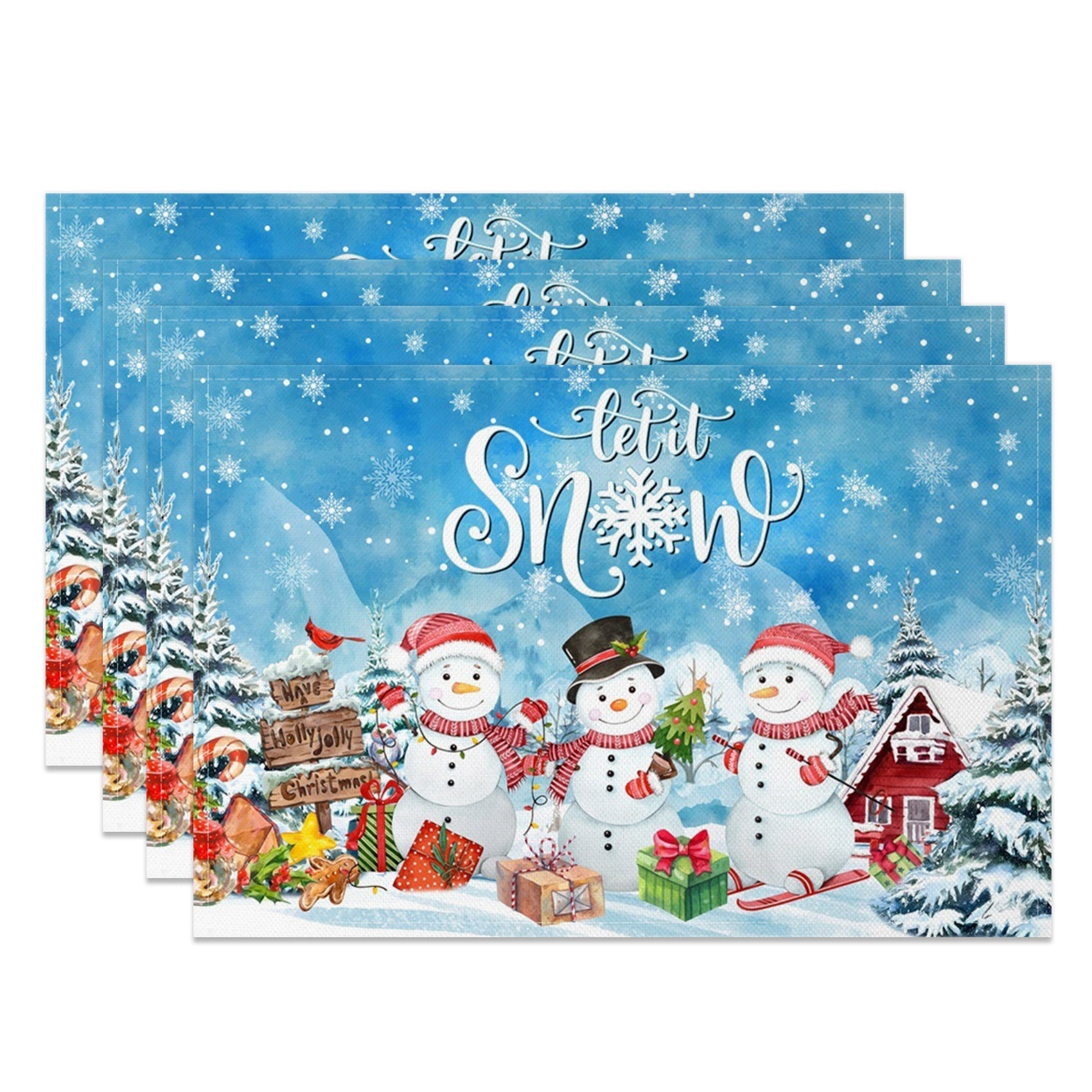 Aperturee - Aperturee Let It Snow Winter Blue Christmas Set Of 4 Placemats