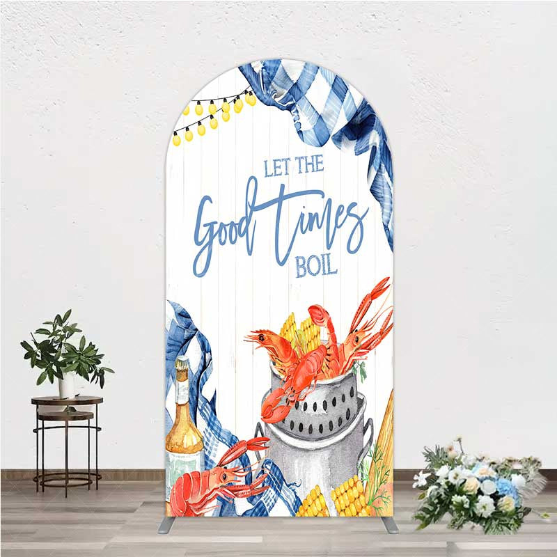 Aperturee - Aperturee Let the Good Times Boil Crawfish Party Arch Backdrop Summer Seafood Boil with Corn Blue Gingham Photo Prop