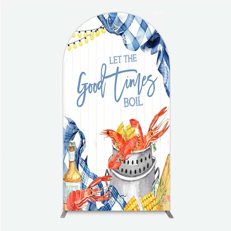 Aperturee - Aperturee Let the Good Times Boil Crawfish Party Arch Backdrop Summer Seafood Boil with Corn Blue Gingham Photo Prop