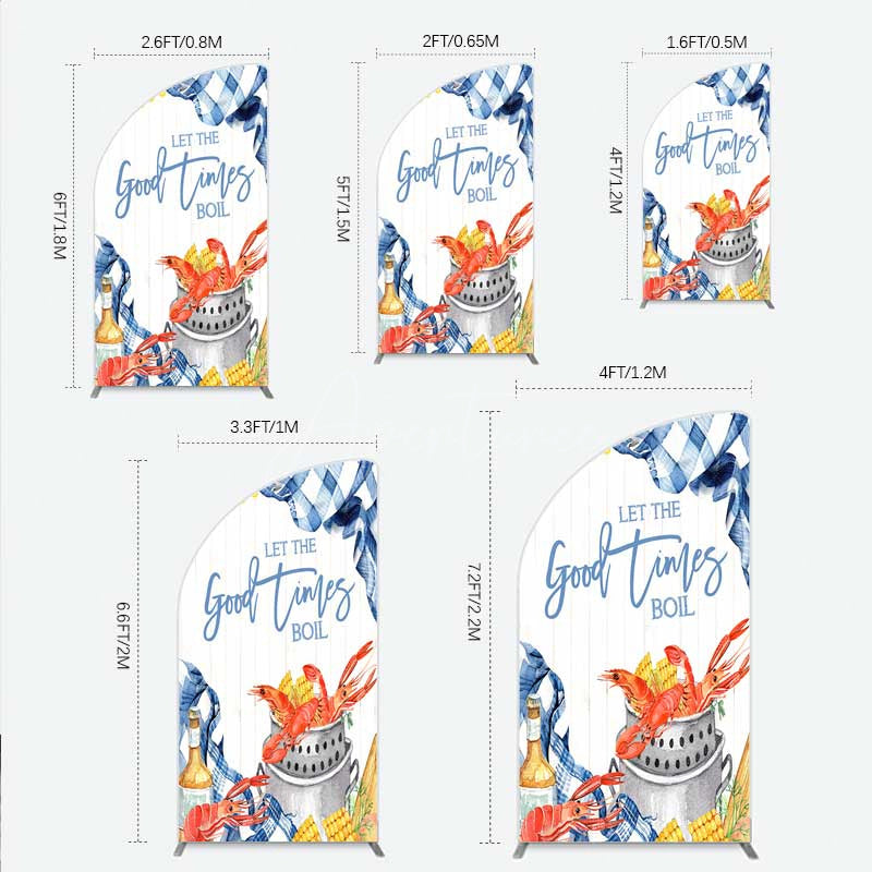 Aperturee - Aperturee Let the Good Times Boil Crawfish Party Half Moon Arch Backdrop Summer Seafood Boil with Corn Blue Gingham Photo Prop