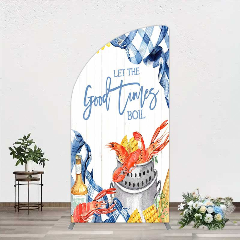 Aperturee - Aperturee Let the Good Times Boil Crawfish Party Half Moon Arch Backdrop Summer Seafood Boil with Corn Blue Gingham Photo Prop