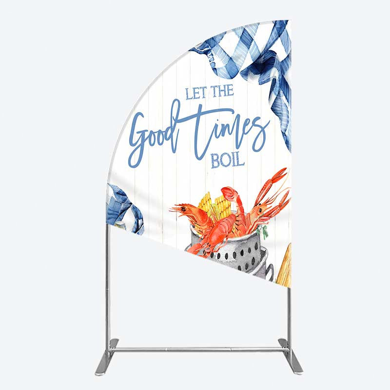 Aperturee - Aperturee Let the Good Times Boil Crawfish Party Half Moon Arch Backdrop Summer Seafood Boil with Corn Blue Gingham Photo Prop