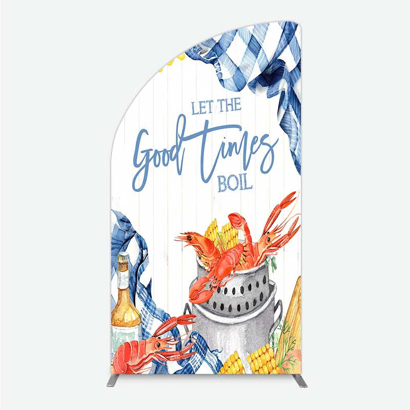 Aperturee - Aperturee Let the Good Times Boil Crawfish Party Half Moon Arch Backdrop Summer Seafood Boil with Corn Blue Gingham Photo Prop