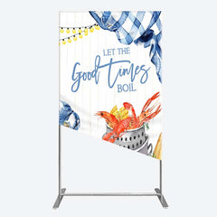 Aperturee - Aperturee Let the Good Times Boil Crawfish Party Rectangle Backdrop Summer Seafood Boil with Corn Blue Gingham Photo Prop