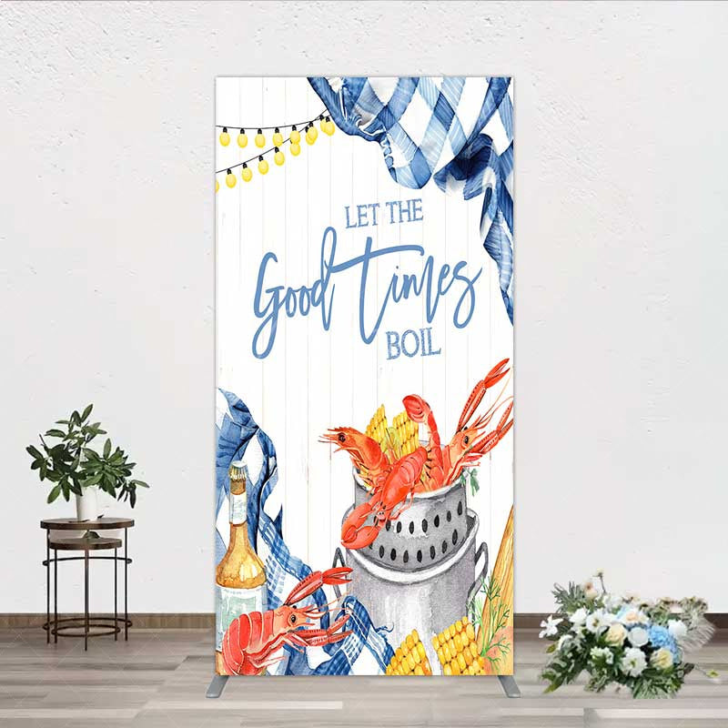 Aperturee - Aperturee Let the Good Times Boil Crawfish Party Rectangle Backdrop Summer Seafood Boil with Corn Blue Gingham Photo Prop