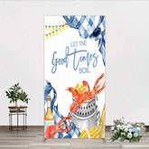 Aperturee - Aperturee Let the Good Times Boil Crawfish Party Rectangle Backdrop Summer Seafood Boil with Corn Blue Gingham Photo Prop