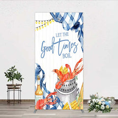 Aperturee - Aperturee Let the Good Times Boil Crawfish Party Rectangle Backdrop Summer Seafood Boil with Corn Blue Gingham Photo Prop