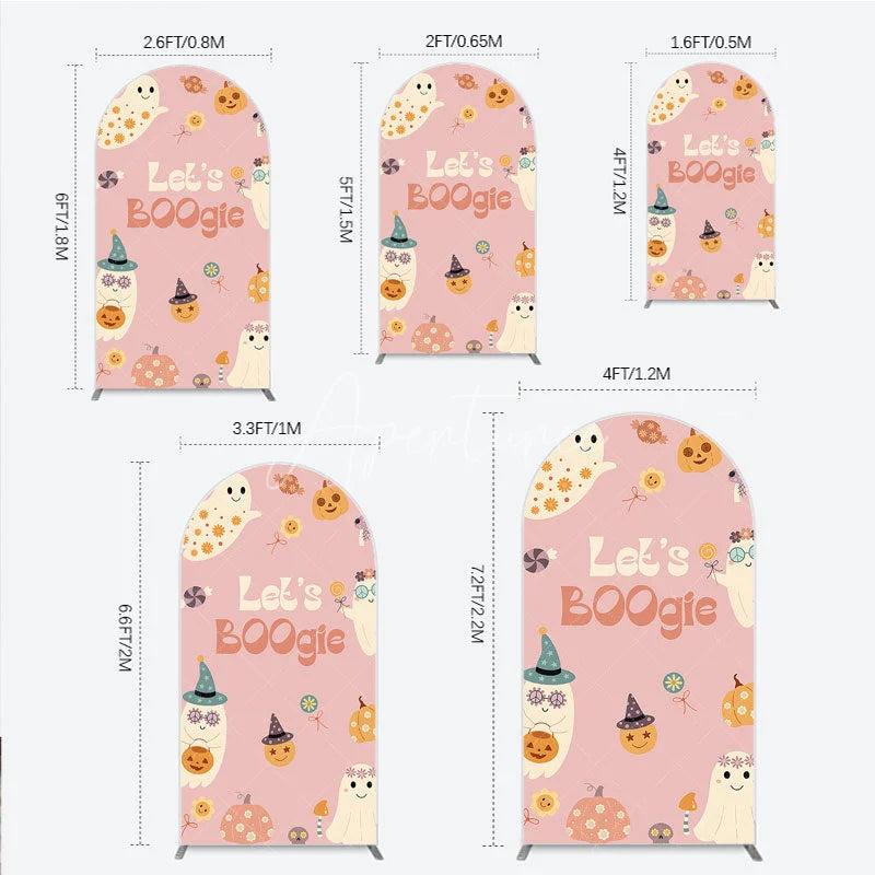 Aperturee - Aperturee Let’s Boogie Groovy Halloween Arch Backdrop Cute Retro Ghost and Pumpkin Pink Spooky Themed Party Decor