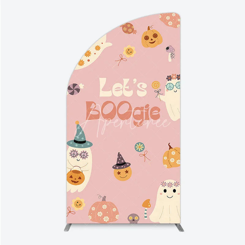 Aperturee - Aperturee Let’s Boogie Groovy Halloween Half Moon Arch Backdrop Cute Retro Ghost and Pumpkin Pink Spooky Themed Party Decor