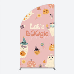 Aperturee - Aperturee Let’s Boogie Groovy Halloween Half Moon Arch Backdrop Cute Retro Ghost and Pumpkin Pink Spooky Themed Party Decor