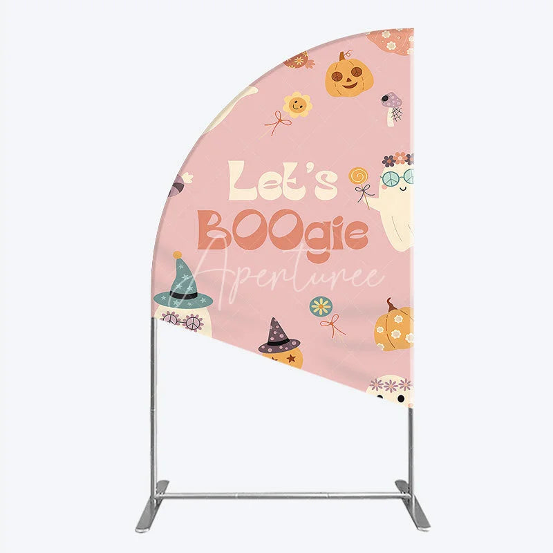 Aperturee - Aperturee Let’s Boogie Groovy Halloween Half Moon Arch Backdrop Cute Retro Ghost and Pumpkin Pink Spooky Themed Party Decor
