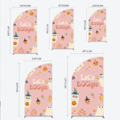 Aperturee - Aperturee Let’s Boogie Groovy Halloween Half Moon Arch Backdrop Cute Retro Ghost and Pumpkin Pink Spooky Themed Party Decor