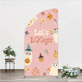 Aperturee - Aperturee Let’s Boogie Groovy Halloween Half Moon Arch Backdrop Cute Retro Ghost and Pumpkin Pink Spooky Themed Party Decor