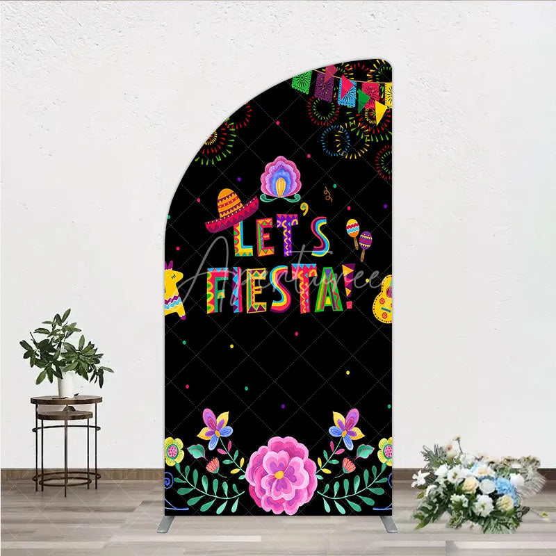 Aperturee - Aperturee Lets Fiesta Mexican Theme Holiday Half Moon Arch Backdrop Sombrero and Fireworks Party Cover