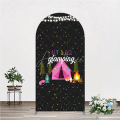Aperturee - Aperturee Let’s Go Glamping Arched Backdrop Pink Tent and Stars for Girls Camping Party Sleepover Photo Booth Decor
