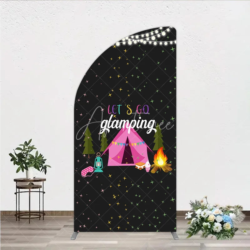 Aperturee - Aperturee Let’s Go Glamping Half Moon Arched Backdrop Pink Tent and Stars for Girls Camping Party Sleepover Photo Booth Decor