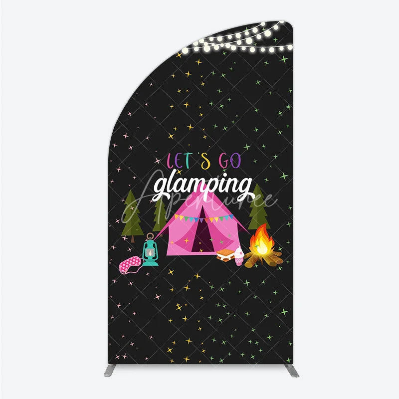Aperturee - Aperturee Let’s Go Glamping Half Moon Arched Backdrop Pink Tent and Stars for Girls Camping Party Sleepover Photo Booth Decor