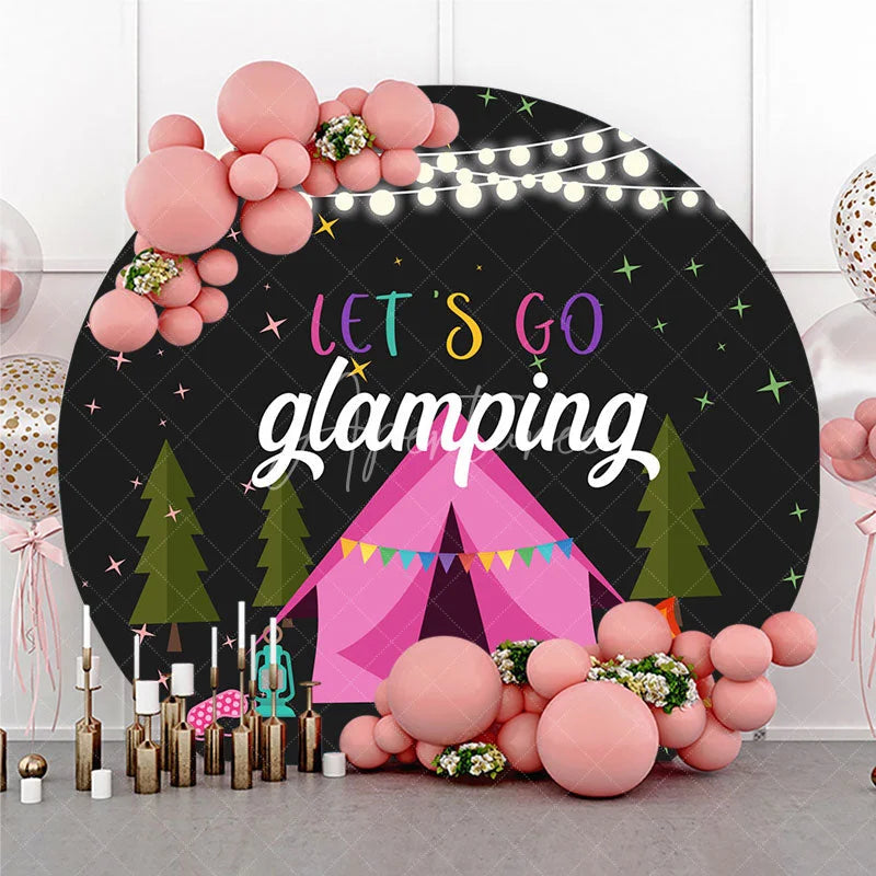 Aperturee - Aperturee Let’s Go Glamping Round Backdrop for Birthday Girls Sleepover Party with Tent Campfire and String Lights Decor