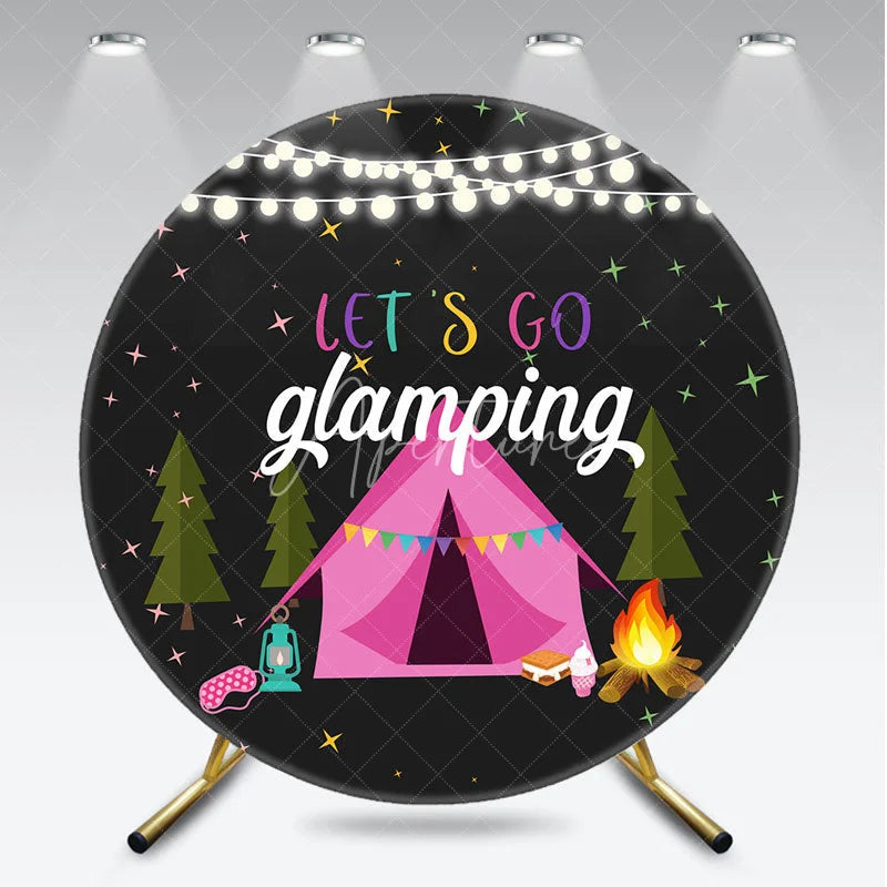 Aperturee - Aperturee Let’s Go Glamping Round Backdrop for Birthday Girls Sleepover Party with Tent Campfire and String Lights Decor