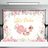 Aperturee - Aperturee Let’s Partea Tea Party Backdrop Pink Teapot Floral Rose and Cupcake Girl Birthday Party Background