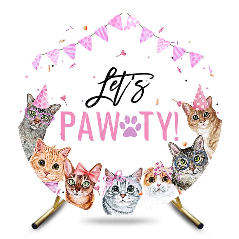 Aperturee - Aperturee Lets Pawty Cute Cats Ribbons Round Birthday Backdrop