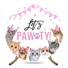 Aperturee - Aperturee Lets Pawty Cute Cats Ribbons Round Birthday Backdrop