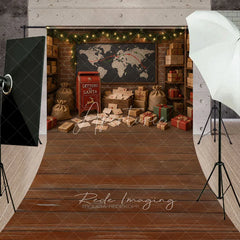 Aperturee - Aperturee Letters to Santa Workshop Sweep Backdrop Christmas Mailroom with Wood Floor Holiday Mini Session Floor Drop