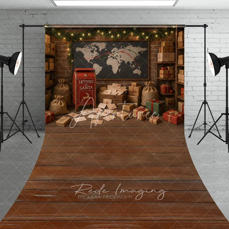 Aperturee - Aperturee Letters to Santa Workshop Sweep Backdrop Christmas Mailroom with Wood Floor Holiday Mini Session Floor Drop