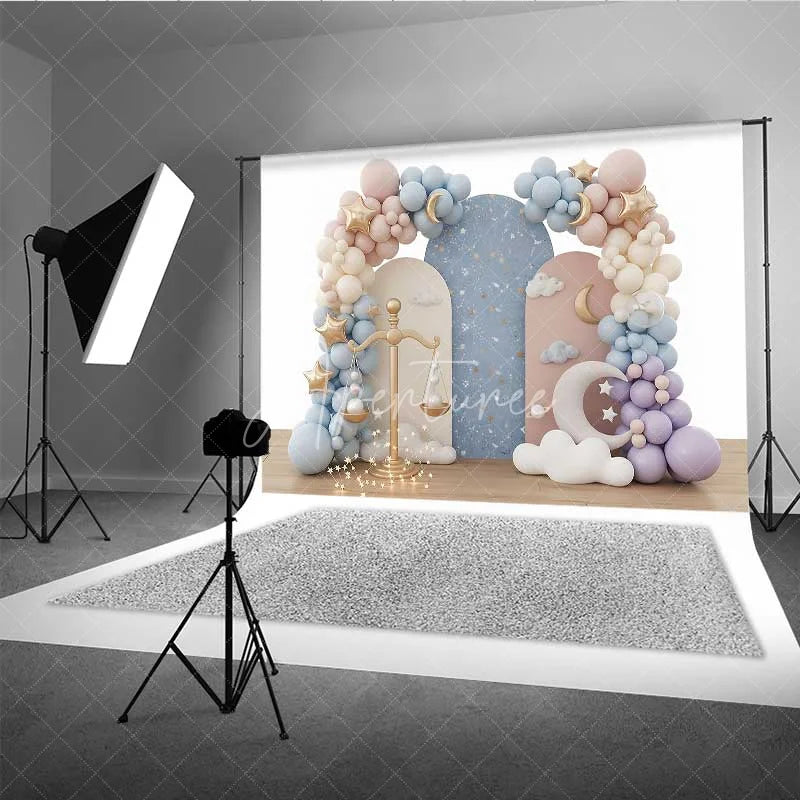 Aperturee - Aperturee Libra Zodiac Photography Backdrop Gold Scales and Pastel Clouds Birthday Party Background