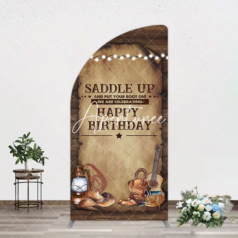 Aperturee - Aperturee Lighed Retro Brown Cowboy Birthday Arch Backdrop