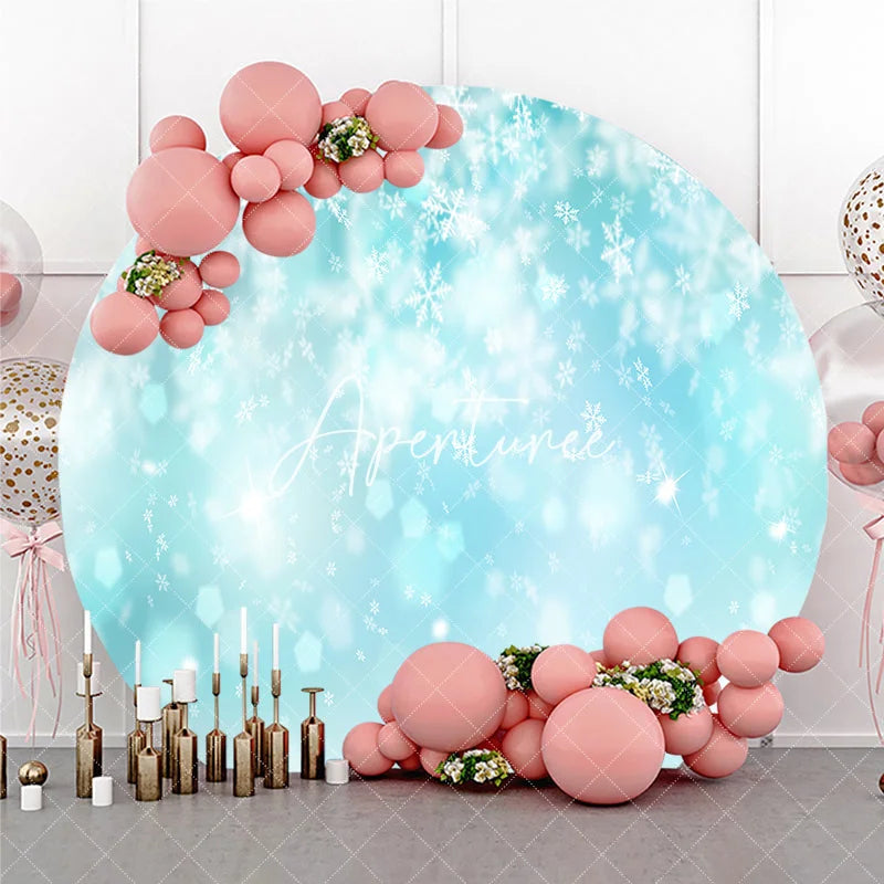 Aperturee - Aperturee Light Blue and White Falling Snowflakes Sparkling Bokeh Winter Wonderland Round Backdrop Festive Party Decor.