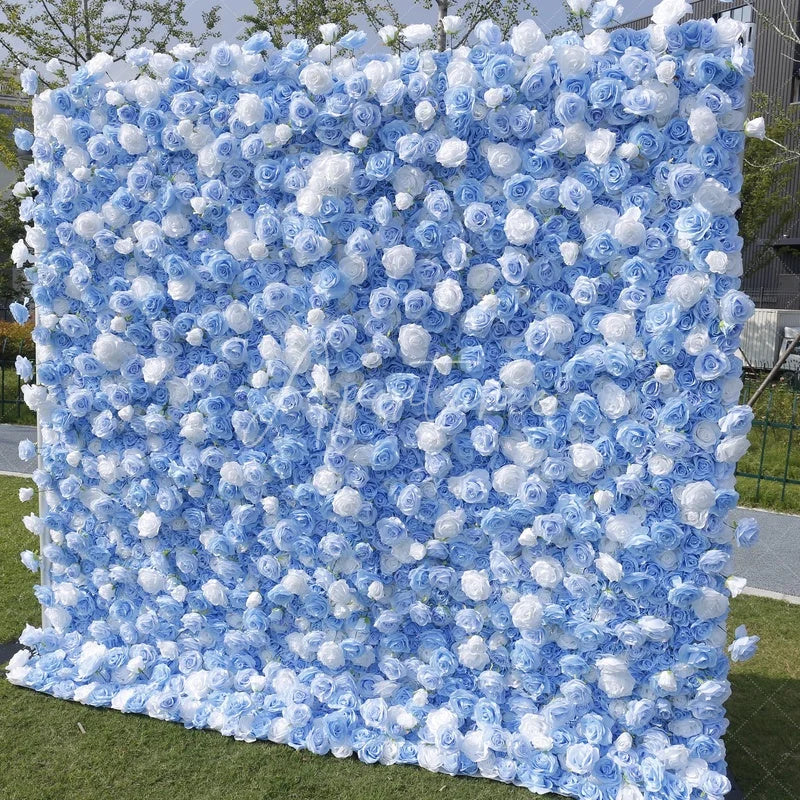 Aperturee - Aperturee Light Blue and White Rose Artificial Flower Wall Elegant Floral Backdrop for Wedding Party Decor