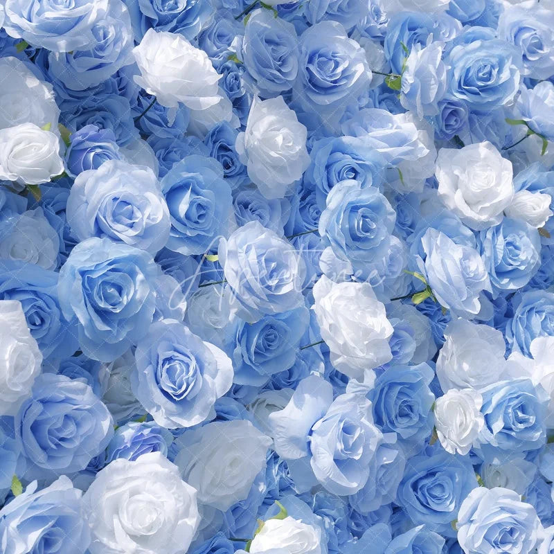 Aperturee - Aperturee Light Blue and White Rose Artificial Flower Wall Elegant Floral Backdrop for Wedding Party Decor