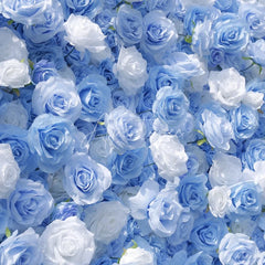 Aperturee - Aperturee Light Blue and White Rose Artificial Flower Wall Elegant Floral Backdrop for Wedding Party Decor