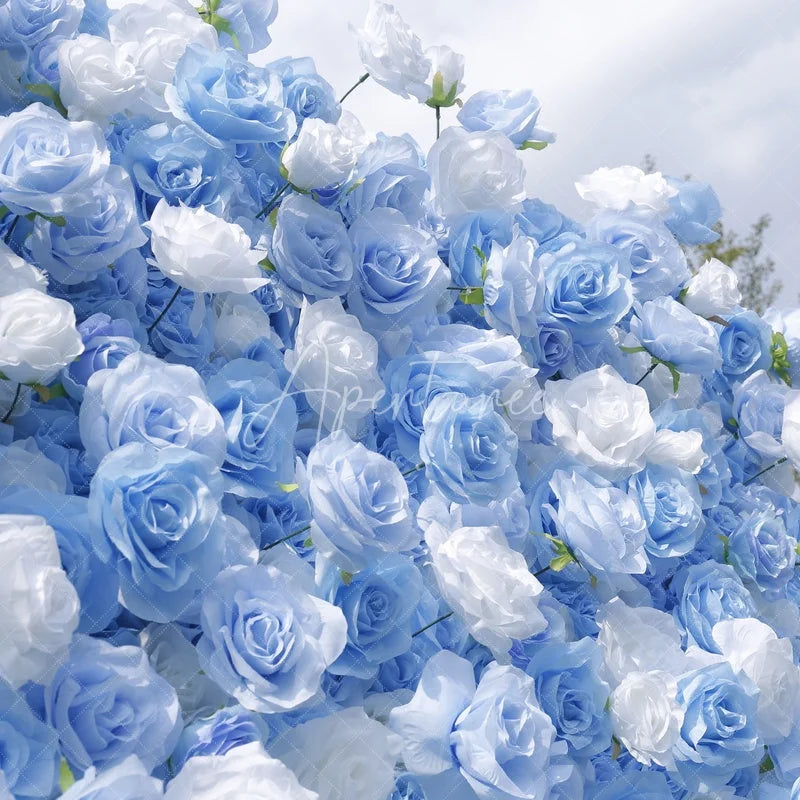 Aperturee - Aperturee Light Blue and White Rose Artificial Flower Wall Elegant Floral Backdrop for Wedding Party Decor