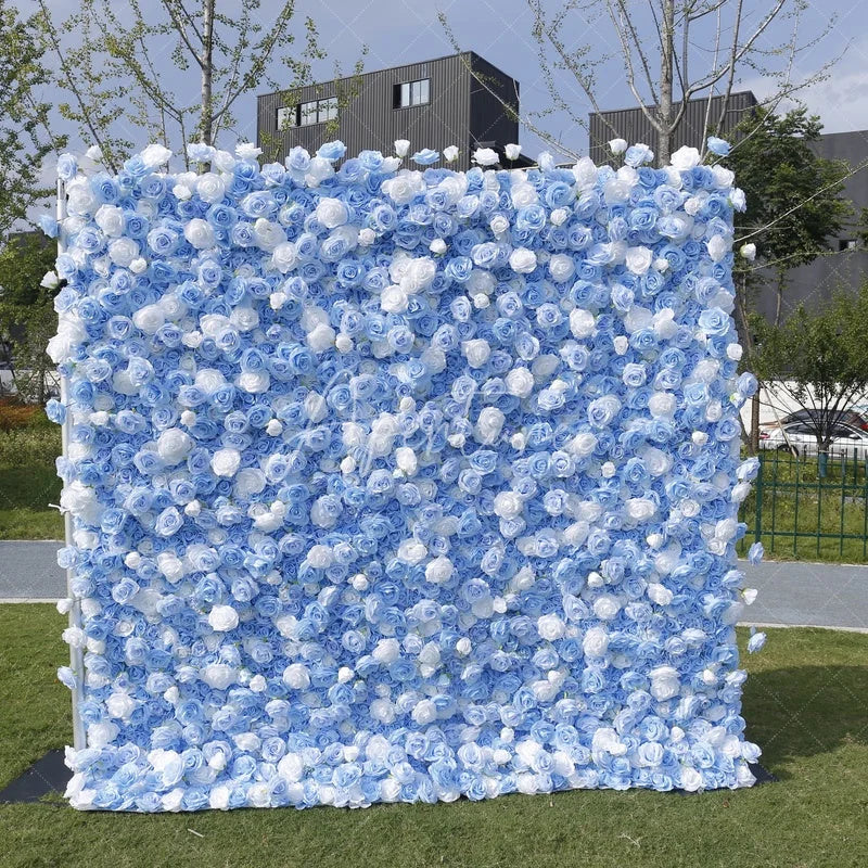 Aperturee - Aperturee Light Blue and White Rose Artificial Flower Wall Elegant Floral Backdrop for Wedding Party Decor