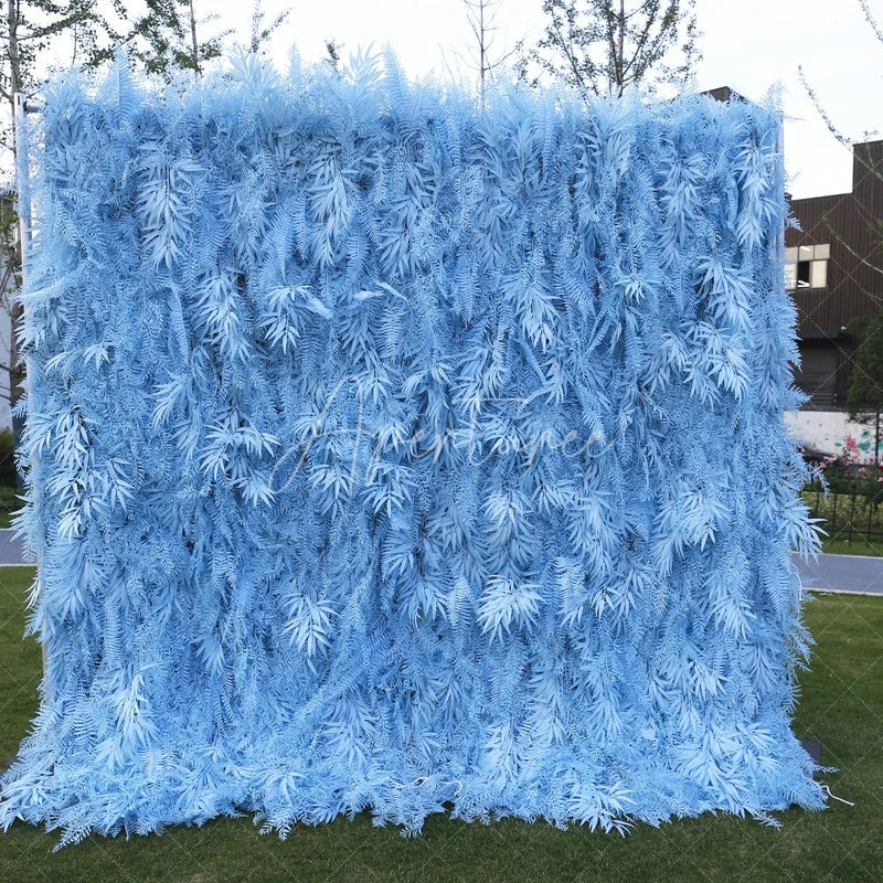 Aperturee - Aperturee Light Blue Artificial Flower Wall with Lush Fern Leaves Elegant Backdrop for Wedding Party and Event Decor