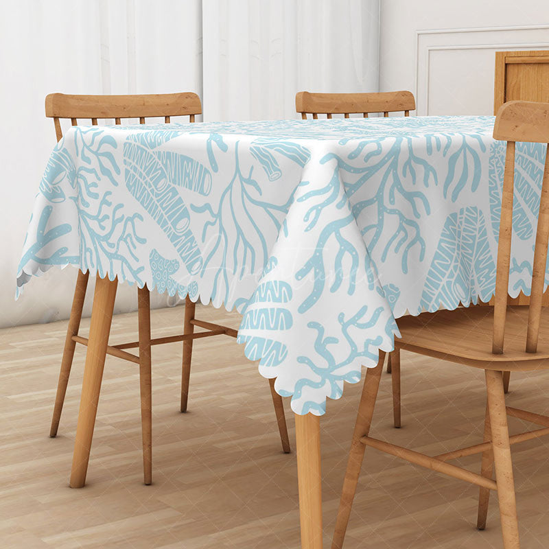 Aperturee - Aperturee Light Blue Coral and Seagrass Rectangle Tablecloth for Coastal and Under the Sea Party Decor