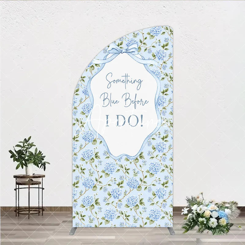 Aperturee - Aperturee Light Blue Hydrangea Floral Something Blue Before I Do Half Moon Arch Backdrop Elegant Wedding Decor