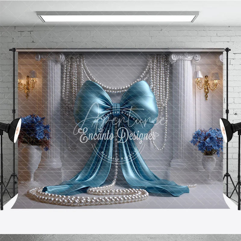 Aperturee - Aperturee Light Blue Satin Bow and Elegant Pearls Backdrop Classical Column Wedding and Bridal Party Decoration
