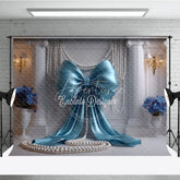 Aperturee - Aperturee Light Blue Satin Bow and Elegant Pearls Backdrop Classical Column Wedding and Bridal Party Decoration
