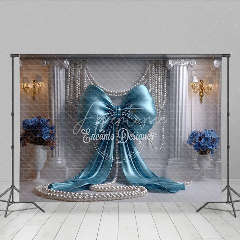 Aperturee - Aperturee Light Blue Satin Bow and Elegant Pearls Backdrop Classical Column Wedding and Bridal Party Decoration
