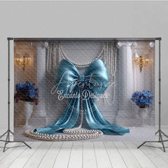 Aperturee - Aperturee Light Blue Satin Bow and Elegant Pearls Backdrop Classical Column Wedding and Bridal Party Decoration