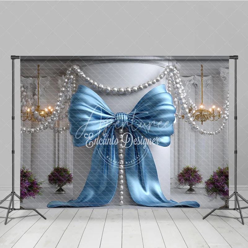Aperturee - Aperturee Light Blue Satin Bow and Pearl Chandelier Photography Backdrop Elegant Baby Shower Birthday Party Decor
