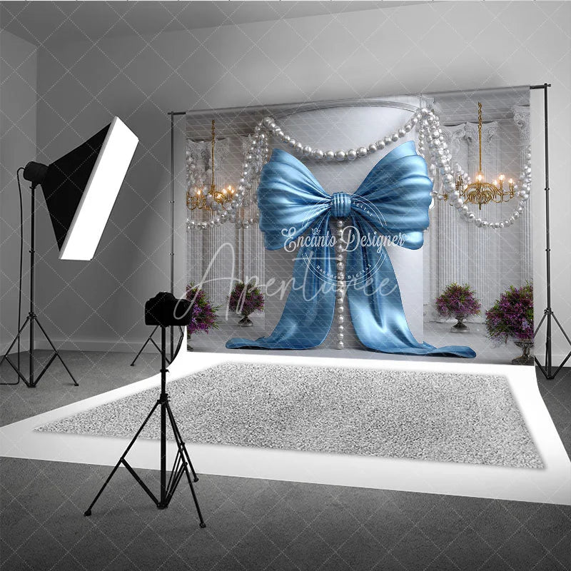 Aperturee - Aperturee Light Blue Satin Bow and Pearl Chandelier Photography Backdrop Elegant Baby Shower Birthday Party Decor